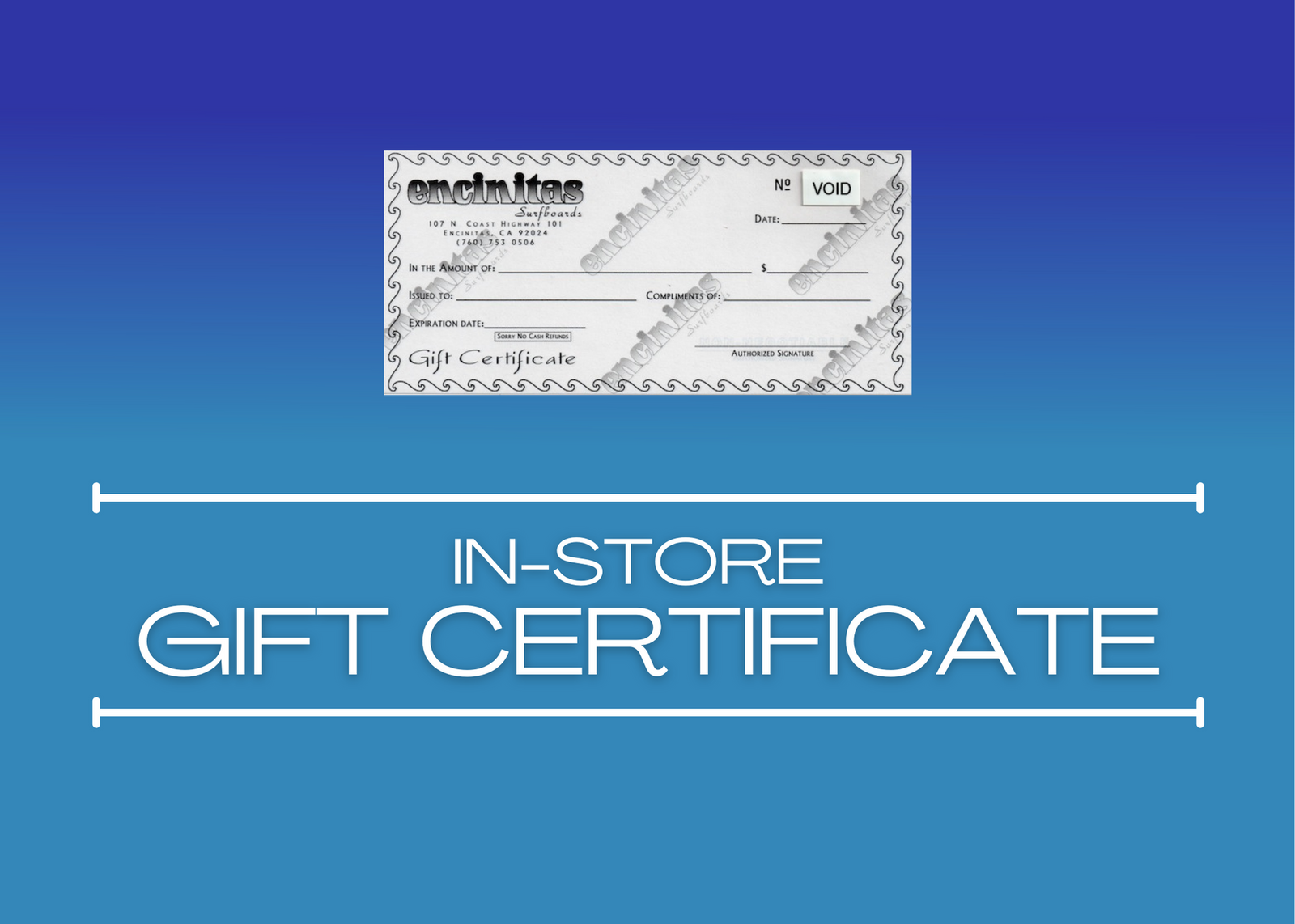 In-Store Gift Certificate-Encinitas Surfboards-card,certificate,gift,idea,kids,ladies,men