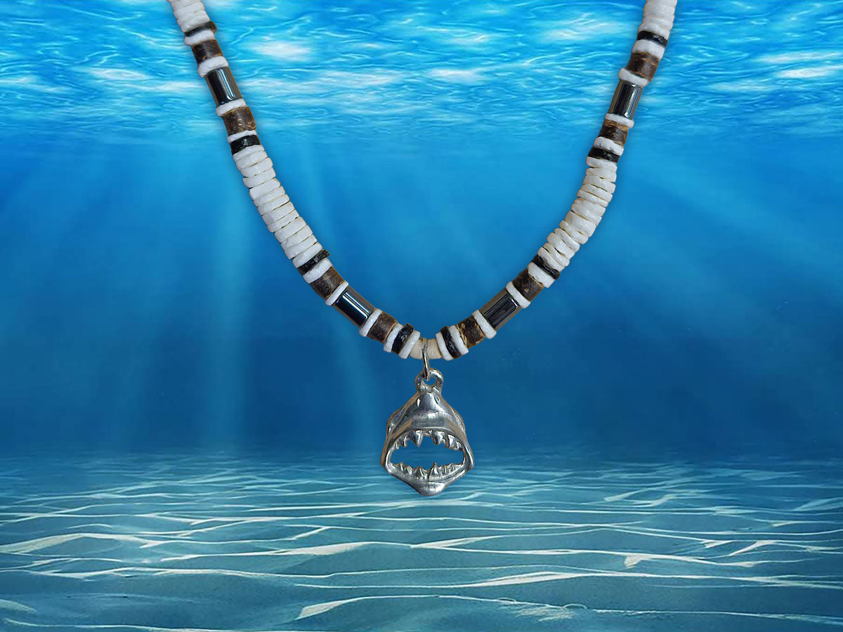 Puka and Wood Beaded Shark Head Necklace