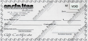 In-Store Gift Certificate-Encinitas Surfboards-card,certificate,gift,idea,kids,ladies,men